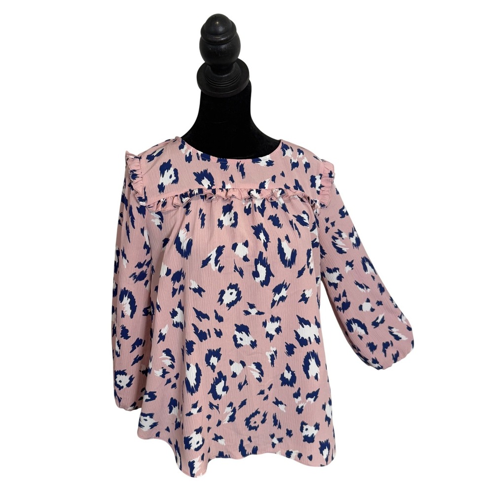 Juicy Couture Leopard Print Peasant Blouse Womens S Pink Ruffle 3/4 Sleeve Crepe